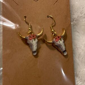 Gold and White Bull Skull Earrings